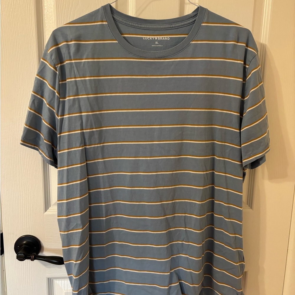 Lucky Brand Men's Blue Gray and Yellow Striped Tee